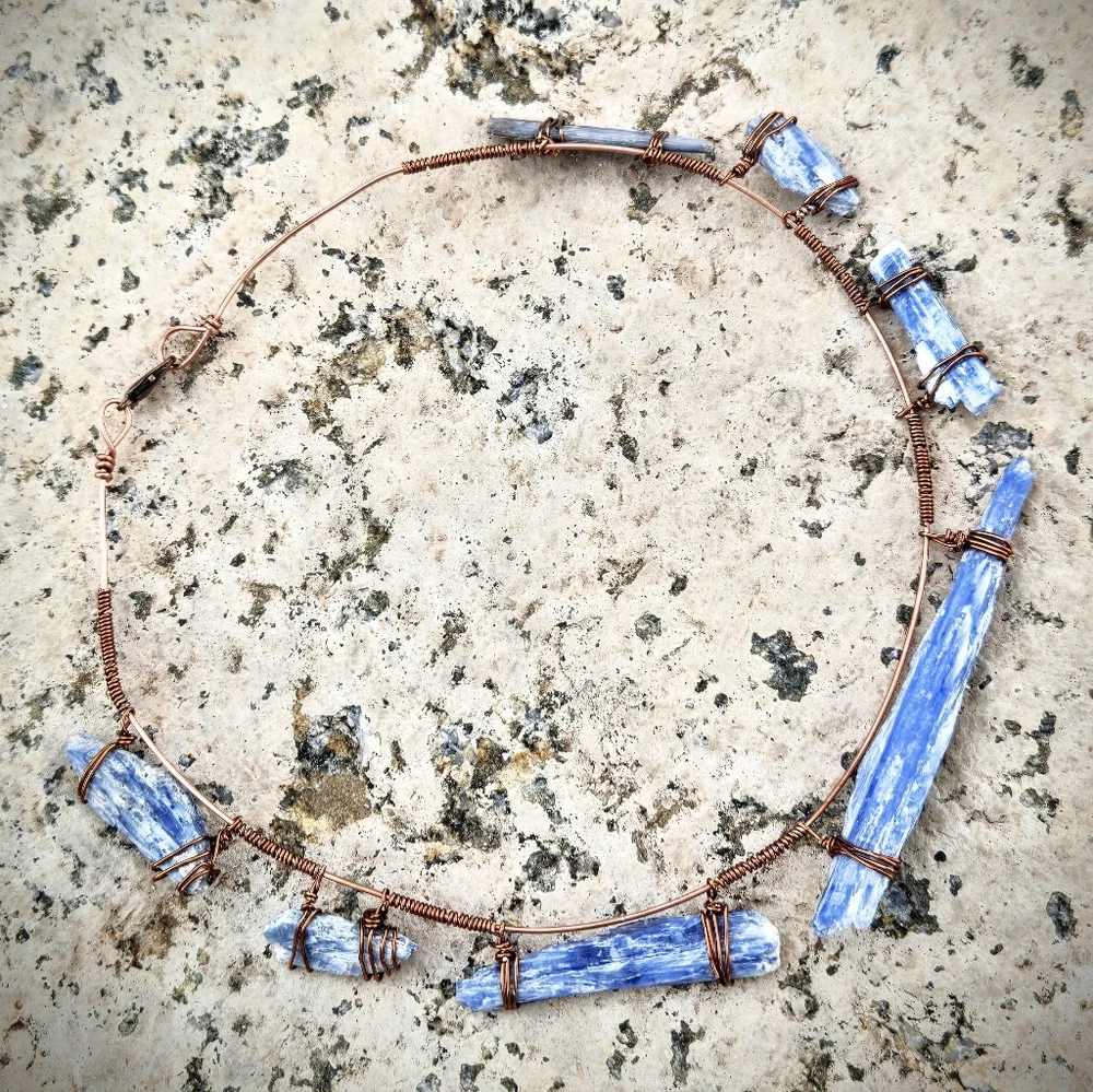 Awakening Natural Blue Kyanite Blades In Handwired Primitive Copper Necklace